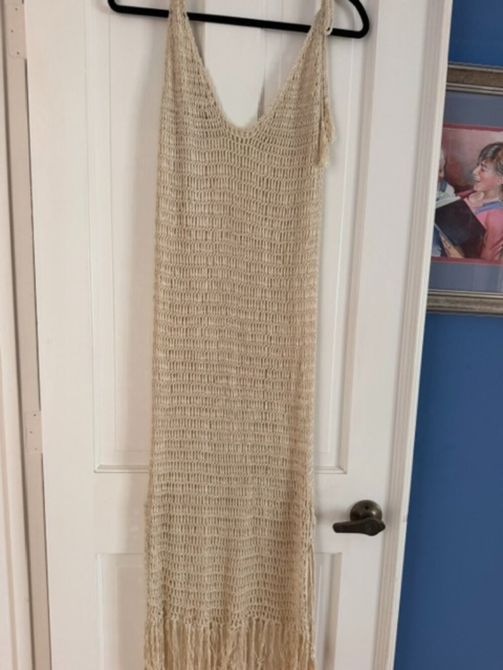 Boho, Beachy Crochet MaxiSlip Dress with Shoulder ties and Fringe Details Size M